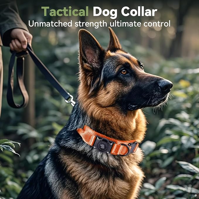 2026 Upgrade Waterproof Tactical AirTag Dog Collar, Built in AirTag Holder | Comfortable Control Handle, Quick Release Metal Buckle, Durable 1000D Nylon, For Medium to Large Dogs, Orange,M