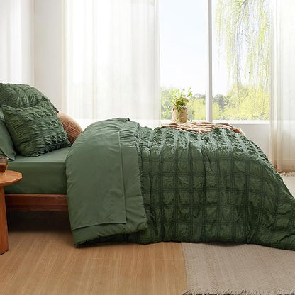 Bedsure Bed in a Bag Queen - 7 Pieces Plaid Seersucker Bedding Comforter Sets, Soft Lightweight Olive Green Boho Bed Set with Comforters Queen Size, Sheets, Pillowcases & Shams