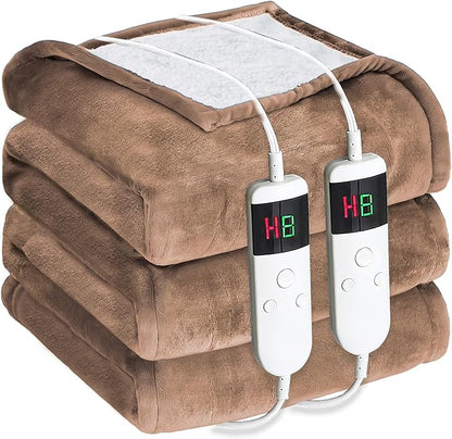 Electric Heated Blanket Queen Size 84''x90'' - Dual-Control Heating Blanket, Soft & Warm Flannel 10-Level Temperature Control, 8 Hours Auto Off, Rapid Heating & Overheat Protection