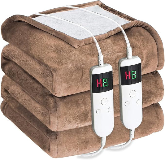 Electric Heated Blanket Queen Size 84''x90'' - Dual-Control Heating Blanket, Soft & Warm Flannel 10-Level Temperature Control, 8 Hours Auto Off, Rapid Heating & Overheat Protection