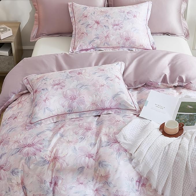OAITE Duvet Cover Set King Size Floral Pattern 600 Thread Count Ultra Soft 100% Long Staple Cotton Duvet Cover Sets 3-PC, Breathable Duvet Cover with Zipper Closure & Corner Ties