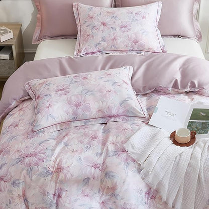 OAITE Duvet Cover Set Queen Size Floral Pattern 600 Thread Count Ultra Soft 100% Long Staple Cotton Duvet Cover Sets 3-PC, Breathable Duvet Cover with Zipper Closure & Corner Ties