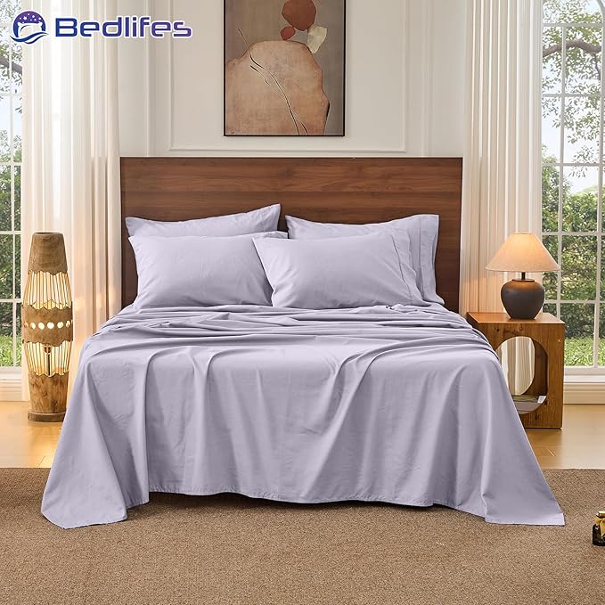 Bedlifes 100% French Pure Linen Sheets California King Size Breathable and Cooling Flax Sheet Set Soft Durable and Moisture Wicking 16 Inch Deep Pocket-4 Piece(Cal King,Lavender)