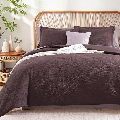 Geniospin Twin Comforter Set - 5 Pieces Purple Bedding Set, Botanical Textured Comforter Set, All Season Comfortable Bed in a Bag with Comforter, Sheets, Pillowcase & Sham
