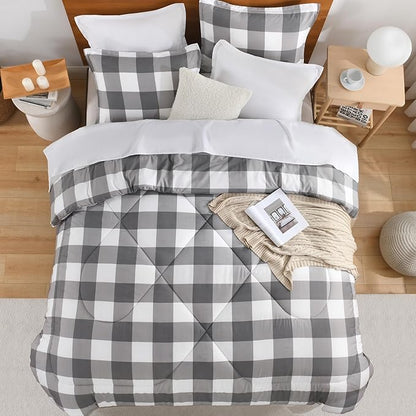 Andency Plaid Comforter King(104x90Inch), Gray White Checkered Gingham Buffalo Bed Set for Boys Teens, Lightweight Bedding, 3 Pieces(1 Comforter & 2 Pillowcases)