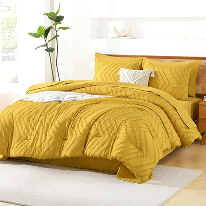 Litanika Queen Size Comforter Set with Sheets Mustard Yellow - 7 Pieces Bed in a Bag Queen Chevron Tufted Complete Bedding Sets with Comforter, Sheets, Pillowcases & Shams
