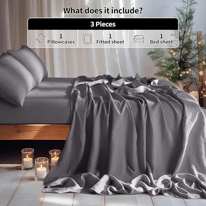 LBRO2M 100% Pure Linen Sheet Set Deep Pocket Up to 16" Bed Sheets Sets, Natural Flax Beddings Soft, Breathable, Comfortable for All Seasons Twin XL Size, Dark Grey