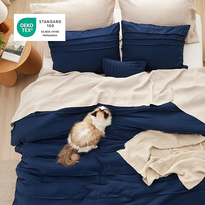 Bedsure Navy Blue Oversized King Size Comforter Set - 4 Pieces Pinch Pleat Bed Set, Down Alternative Bedding Sets for All Season, 1 Comforter, 2 Pillowcases, 1 Decorative Pillow