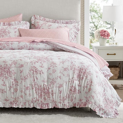 Madison Park Essentials Adele Pink Floral King Size Comforter Set – Vintage Bed in a Bag with Sheets, Reversible Ruffle Bedding, Elegant Gift for Her
