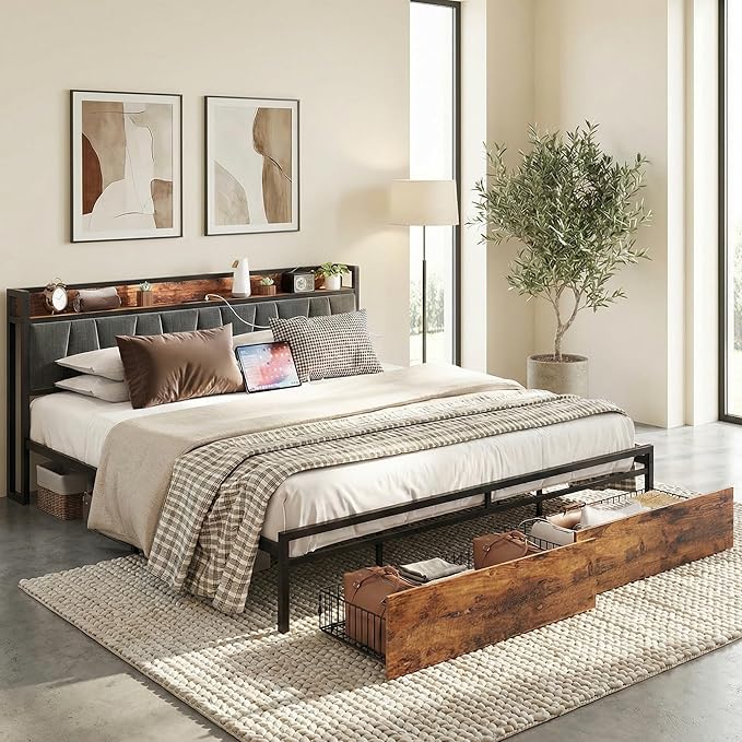 LIKIMIO King Size Bed Frame, Storage Headboard with Charging Station, Platform Bed with Drawers, No Box Spring Needed, Easy Assembly, Industrial Brown and Gray