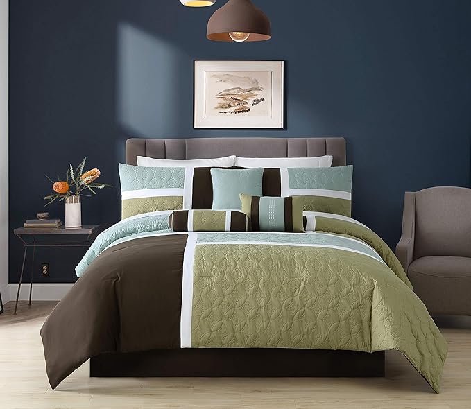 Chezmoi Collection Upland 7-Piece Quilted Patchwork Comforter Set, Coffee Brown/Aqua Blue/Sage Green, Oversized King