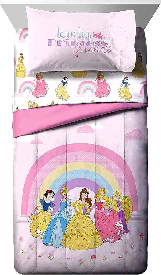 Jay Franco Disney Princess Rainbow 7 Piece Full Bed Set - Includes Comforter & Sheet Set - Bedding Features Aurora, Belle, & Cinderella - Super Soft Fade Resistant Microfiber