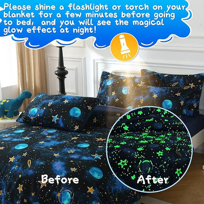 Glow in The Dark Kids Comforter Set, 5 Pieces Blue Space Bedding Set Twin Size for Boys Girls Teen, 1 Comforter, 1 Pillowcase, 1 Pillow Sham, 1 Flat Sheet, 1 Fitted Sheet