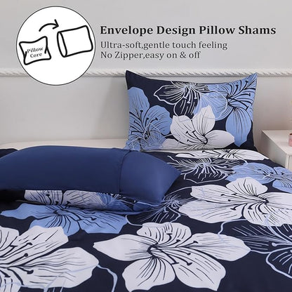Menghomeus Full Comforter Set Navy Blue Floral Bedding Comforter Sets - Soft Microfiber Bed Comforter Set for All Season 3 Piece Botanical Flowers Comforter, Pillowcases