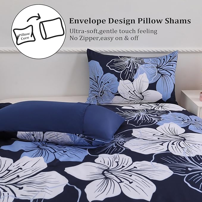Menghomeus Queen Comforter Set Navy Blue Floral Bedding Comforter Sets - Soft Microfiber Bed Comforter Set for All Season, 3 Piece Botanical Flowers Comforter, Pillowcases