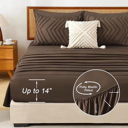 Litanika Queen Size Comforter Set with Sheets Brown - 7 Pieces Bed in a Bag Queen Chevron Tufted Complete Bedding Sets with Comforter, Sheets, Pillowcases & Shams