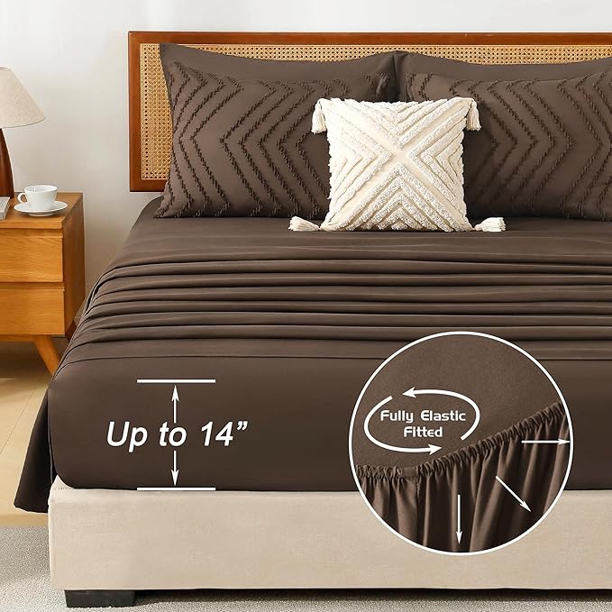 Litanika California King Size Comforter Set with Sheets Brown - 7 Pieces Bed in a Bag Cal King Chevron Tufted Complete Bedding Sets with Comforter, Sheets, Pillowcases & Shams