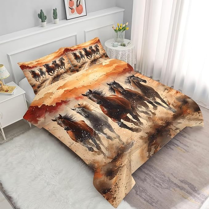 Horse Comforter Set Twin: Galloping Horse Bedding Set for Kids Teens Girls Boys Women Bed Bedroom Dorm Western Quilt 1 Comforter + 1 Pillow Case
