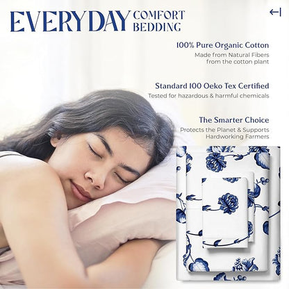 Mayfair Linen 100% Organic Cotton Printed Sheets Queen Size - Percale Weave Cotton Queen Size Sheet Set (4 PC, Floral Blue), Soft & Crisp, GOTS Certified, Cooling Sheets, 16" Deep Pocket