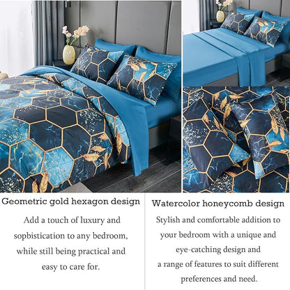 ANGIYUIN 7 Pieces Blue Gold Bed in A Bag Full Geometric Hexagon Theme Bedding Sets Gold Trim Comforter Set, Luxury Steel Blue Gold Foil Print Bed Sets with Pillowcases Sheets (Blue Full)