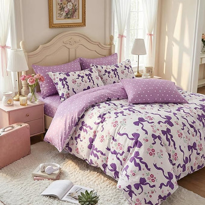 Purple Bow Comforter Set Full Size for Girls, 3Pcs Ribbon Bowknot Bedding for Kids Dreamy Priness Girly Bedroom Decor, Puple Floral Comforter Set with 2 Pillowcases, 79"x90"
