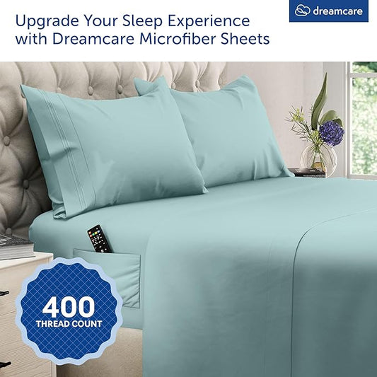 DREAMCARE Queen Size Sheets - Cooling Bed Sheets - 4pcs Set - up to 15" Deep Pocket Queen Sheet Set - Sheets Queen Size Bed - Soft & Long Lasting 100% Fine Microfiber with Side Pocket - Spa Blue