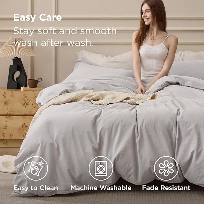 Bedsure 100% Washed Cotton Duvet Cover King - Light Grey Minimalist Bedding Set Linen Like - PureWoven Plain Simple & Soft Comforter Cover for All Seasons (King, 104"x90")