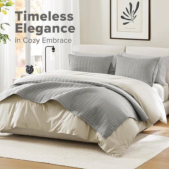 Comfort Spaces - CS14-0060 Kienna Quilt Coverlet Bedspread Ultra Soft Hypoallergenic All Season Lightweight Filling Stitched Bedding Set, King 104"x90", Gray 2 Piece