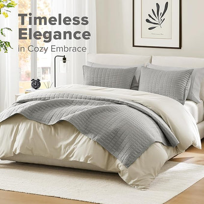 Comfort Spaces Kienna Quilt Set- Double Sided Stitching Design Summer Blanket, Lightweight, Soft, All Season Bedding Layer, Matching Sham, Grey, Coverlet Full/Queen(90"x90") 3 Piece