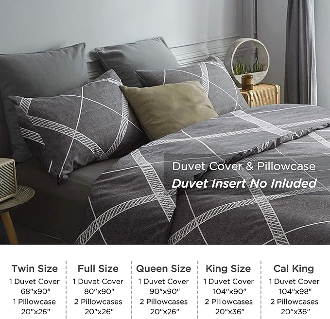 TOCOMOA Plaid Duvet Cover Set 100% Natural Cotton Soft Comfy Breathable 3 Piece Grey and White Striped Pattern Printed Comforter Cover Bedding Set (Queen 90"x90", Comforter Not Included)