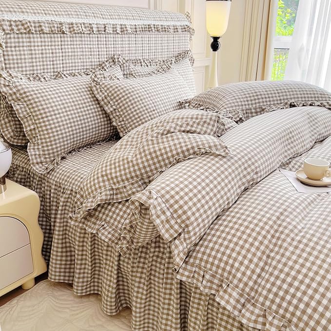 mixinni Tan Gingham Ruffle Duvet Cover Twin XL Size 3 Pieces – 100% Washed Cotton, Vintage Plaid Ruffled Bedding Set with Zipper Ties, Soft Cream Checkered Grid Farmhouse Chic Comforter Cover Set