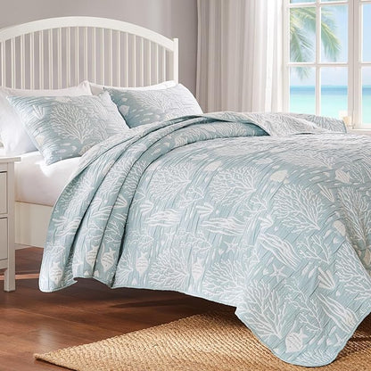 Greenland Home Coastal Paradise Reversible Matelassé Coverlet Set, 2-Piece Twin/XL, Marina Seafoam