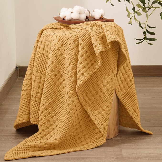 PHF 100% Cotton Waffle Weave Throw Blanket, Soft Lightweight Breathable Cozy Throws for Couch Bed Sofa, Luxury Aesthetic Blanket Gift for Home Decor & Office, 50"x60", Pumpkin Orange