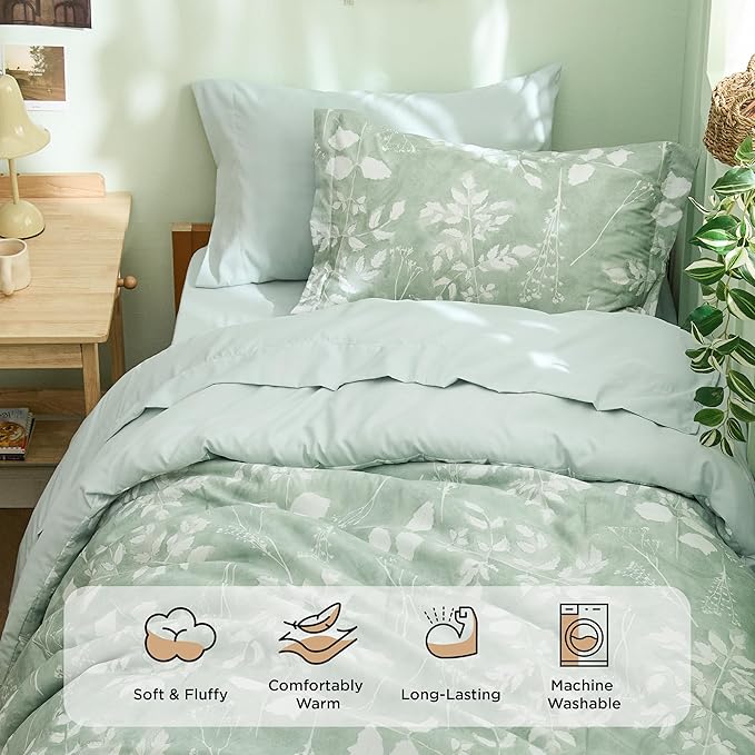 Bedsure Sage Green Twin XL Comforter Set - 5 Pieces Floral Bedding Sets Twin XL Bed in a Bag with Reversible Botanical Flowers Comforter, Sheets, Pillowcase & Sham
