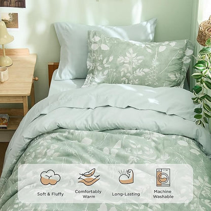 Bedsure Sage Green Twin XL Comforter Set - 5 Pieces Floral Bedding Sets Twin XL Bed in a Bag with Reversible Botanical Flowers Comforter, Sheets, Pillowcase & Sham
