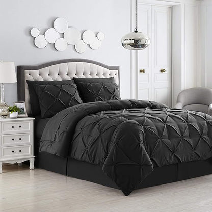 Comforter Set 8 Piece Bed in a Bag Design, Bed Sheets, 2 Pillowcases, & 2 Shams Down Alternative All Season Warmth, Queen, Pintuck Black, (Pack of 3)