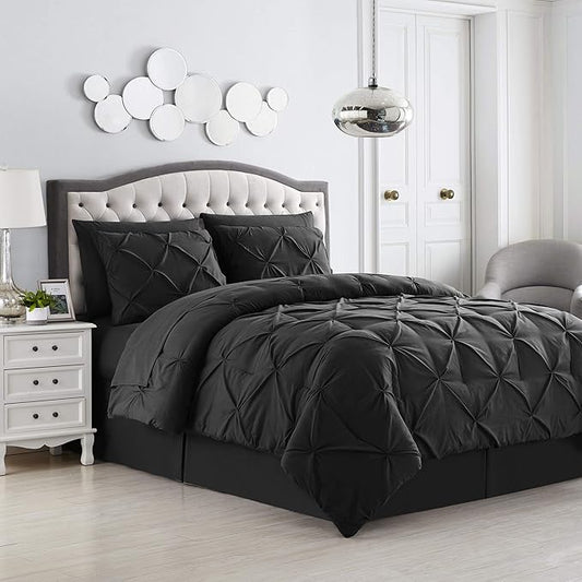 Queen Comforter Set 8 Piece Bed in a Bag with Bed Skirt, Fitted Sheet, Flat Sheet, 2 Pillowcases, 2 Pillow Shams, Queen, Pintuck Black