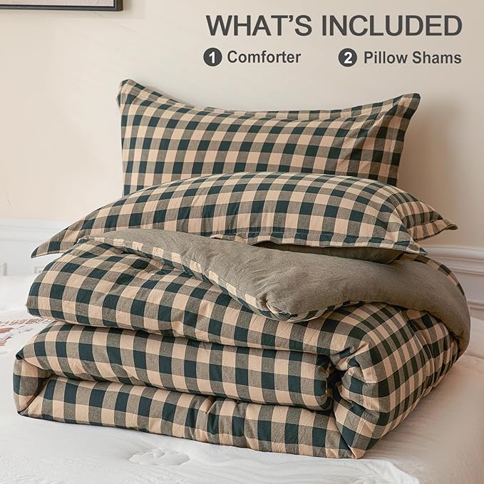 Cyusri Cotton Plaid King Comforter Set - Soft Lightweight Bedding 3 Pieces Dyed Bed Set with 2 Pillow Shams,Reversible All Season Farmhouse Down Alternative(King Size 104"x90" Dark Green)