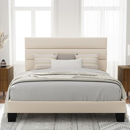 Allewie Queen Size Platform Bed Frame with Velvet Upholstered Headboard and Wooden Slats Support, Fully Upholstered Mattress Foundation/No Box Spring Needed/Easy Assembly, Cream