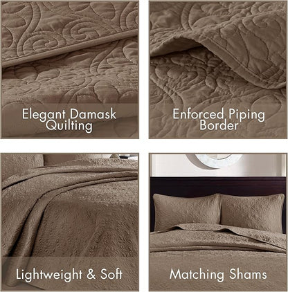 Madison Park Quebec Reversible Damask Design, Double Sided Quilting All Season, Lightweight Coverlet Bedspread Bedding Set, Matching-Shams, King(120"x118"), Mocha