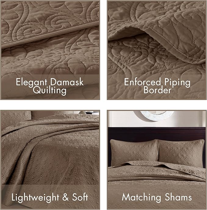 Madison Park Quebec Reversible Damask Design, Double Sided Quilting All Season, Lightweight Coverlet Bedspread Bedding Set, Matching-Shams, Queen(102"x118"), Mocha