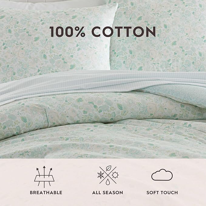 Laura Ashley - King Comforter Set, Soft & Reversible Floral Bedding with Bonus Bed Sheets & Pillowcases, 7 Piece Bed Set for Year Round Comfort (Quartet Jaynie Ticking/Stripe Blue)