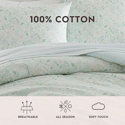 Laura Ashley - King Comforter Set, Soft & Reversible Floral Bedding with Bonus Bed Sheets & Pillowcases, 7 Piece Bed Set for Year Round Comfort (Quartet Jaynie Ticking/Stripe Blue)