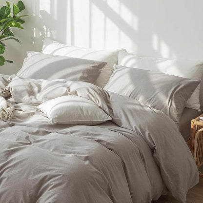 MooMee Bedding Pillowcases Pack of 2 100% Washed Cotton Linen Like Textured Breathable Durable Soft Comfy (Heathered Brownish Grey, Queen)