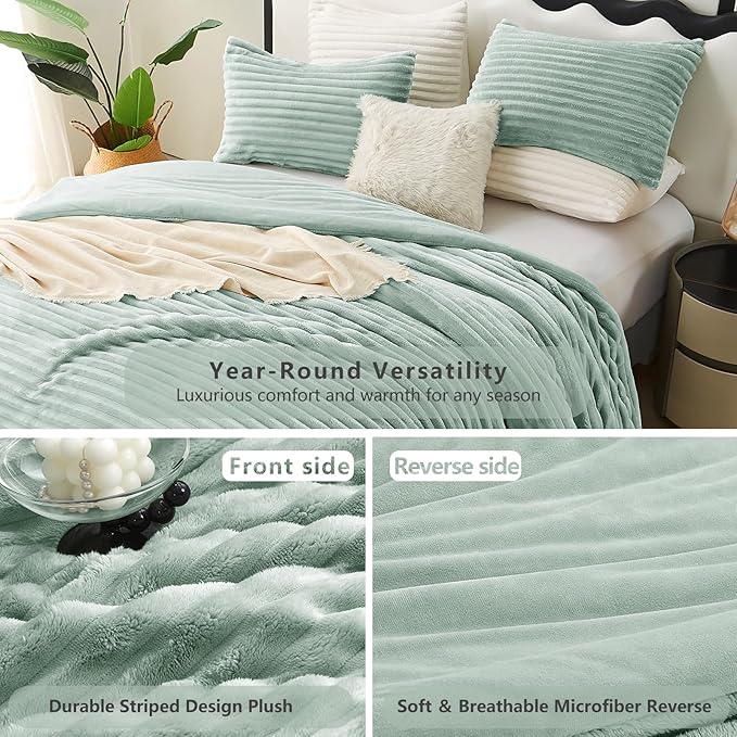 CozyLux Fluffy King Size Comforter Set - Super Soft Faux Fur Sage Green Comforter King Size, Winter Warm Fleece Bedding Set, 3 Pieces Plush Fuzzy Bed Set (1 Shaggy Comforter, 2 Pillowcases)