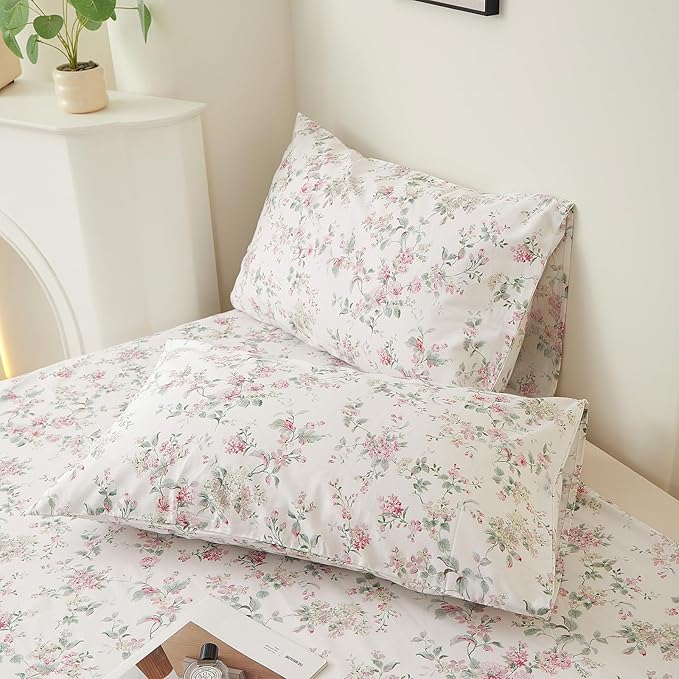 VM VOUGEMARKET Queen Duvet Cover Set Pink Floral Bedding Set on White 100% Cotton Reversible Vintage Comforter Cover with Zipper&Ties