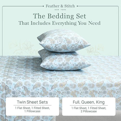 Feather & Stitch Softest 100% Cotton Sheets, 300 Thread Count Percale Weave Bedding, 16" Deep Pocket, Cooling Sheets, Breathable Bed Set, Hotel Premium Quality (King, Aqua Paisley)