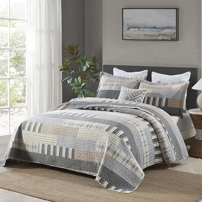 PANGUSHAN Quilt Set Queen Size, 100% Cotton Quilt Bedding Set Bedspreads, Patchwork Plaid Farmhouse Reversible Lightweight Comforter Bed Spread for Queen Bed, Gray/Brown, 3 Pieces