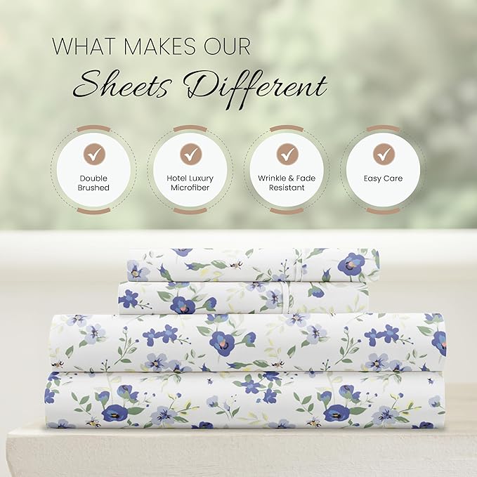 Linen Market 4 Piece Queen Sheet Set - Breathable, Double-Brushed Patterned Cooling Sheets – Ultra Soft & Wrinkle-Free 16" Deep-Pocket Queen Sheets - Easy Care Blossoms Light Blue