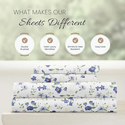 Linen Market 4 Piece Queen Sheet Set - Breathable, Double-Brushed Patterned Cooling Sheets – Ultra Soft & Wrinkle-Free 16" Deep-Pocket Queen Sheets - Easy Care Blossoms Light Blue